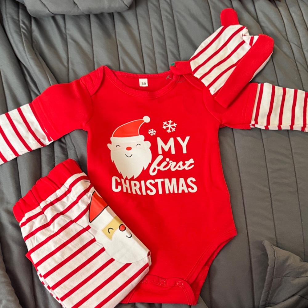 My First Christmas Onsie outfit with hat and pants. New